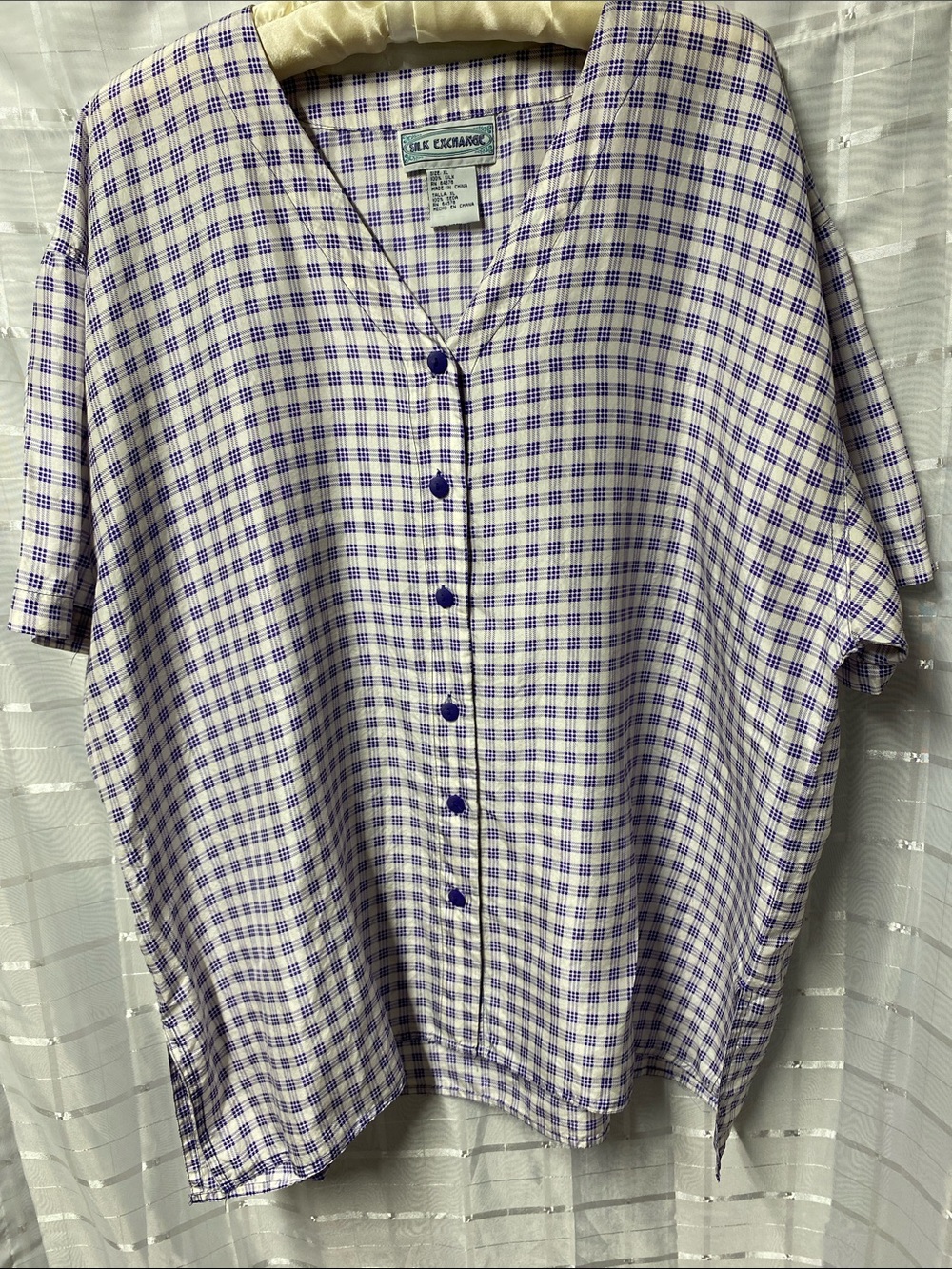 Vintage Silk Exchange Purple Plaid Silk Button-Up XL 100% Silk